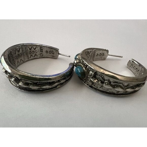 ART Arthur Pepper Turquoise Silver Tone Hoop Earrings Cabochon Boho Southwestern - Picture 2 of 6